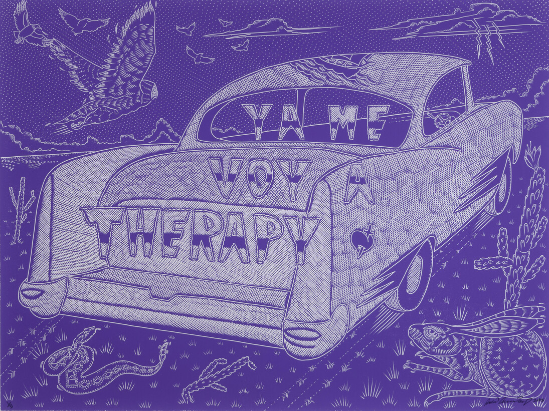 Ricky Armendariz, Ya me voy a therapy, 2015, wood block print, 36 x 48"
