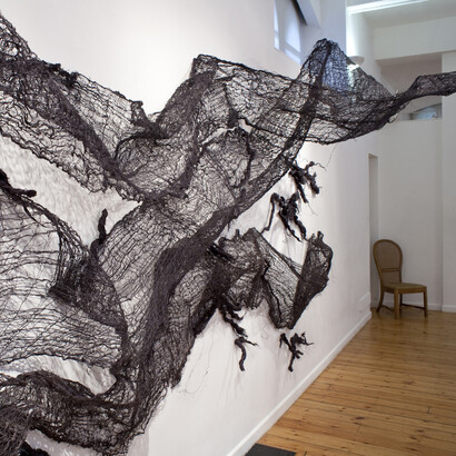 Nnenna Okore, When the Heavens Meet the Earth, 2011, Burlap, handmade paper, acrylic and dye, 274 x 457 x 183 cm, photo Jonathan Greet, courtesy the artist and October Gallery