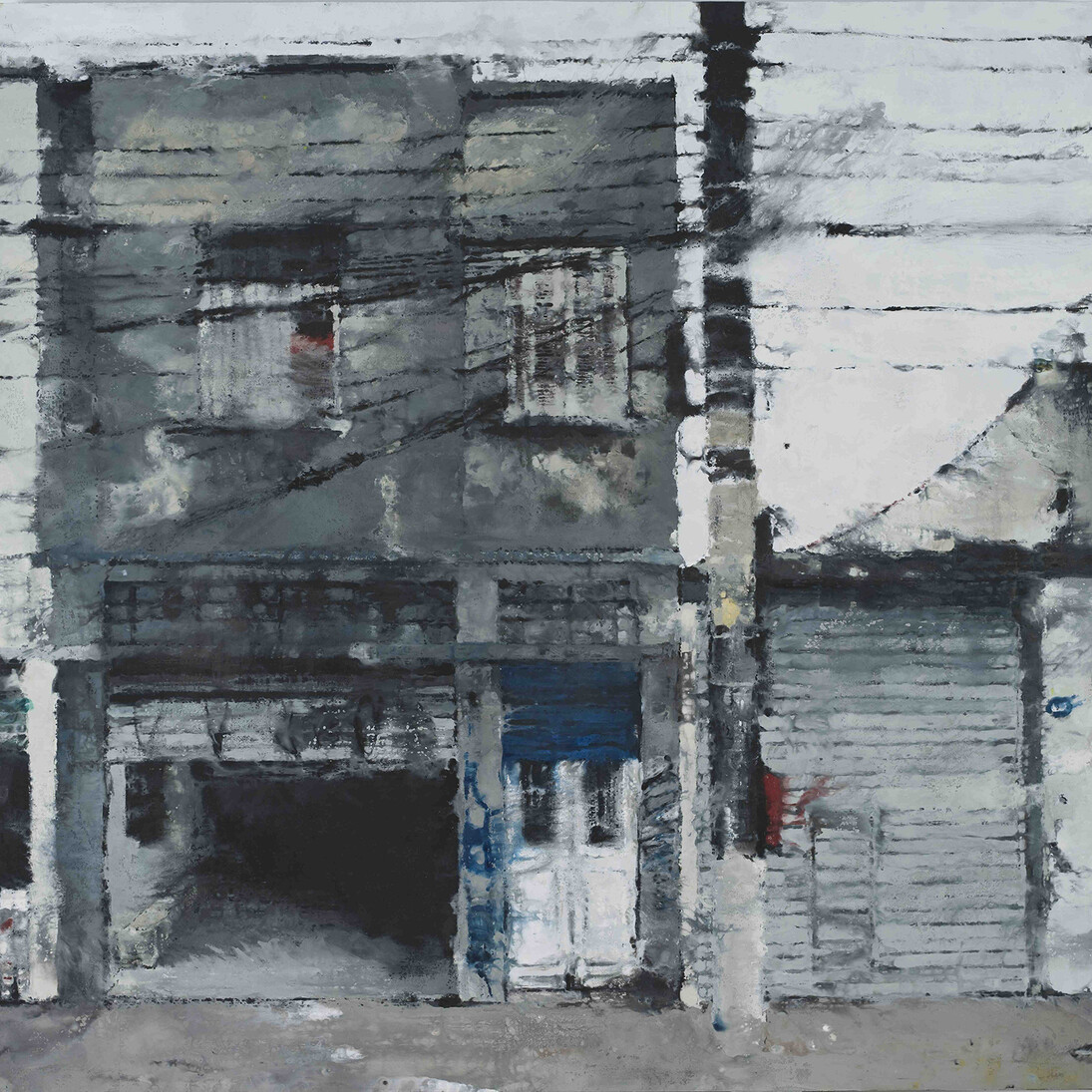 Philippe Cognée, Maison à la porte bleue, 2014, Wax painting on canvas, 153 x 153 cm / 60 1/4 x 60 1/4 in. Courtesy Galerie Daniel Templon, Paris & Brussels
