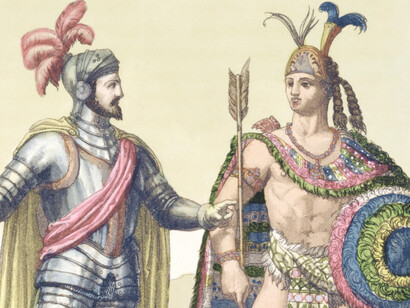 Conquistador se encuentra con un cacique de los pueblos originarios de América