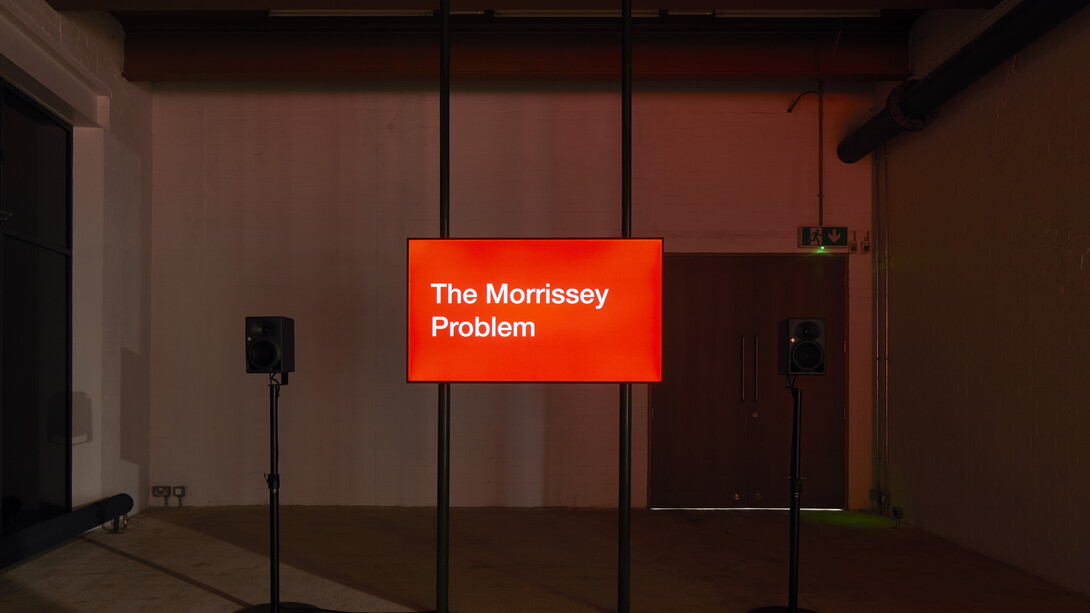 Installation view of Tony Cokes, The Morrissey Problem, 2019 at Goldsmiths CCA. Courtesy the artist, Greene Naftali, New York, US and Hannah Hoffman, Los Angeles, US. Photographer Andy Stagg