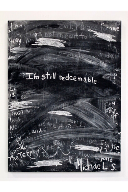 Michael Scoggins, I’m Still Redeemable, 2014, chalk, slate paint on panel, 24”X18”