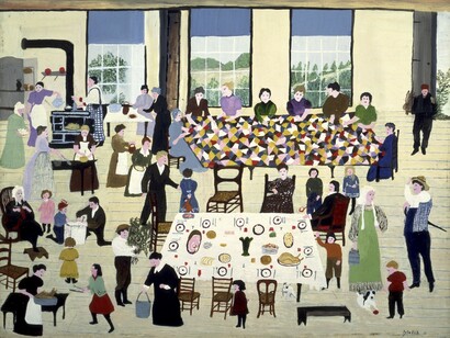 Anna Mary Robertson “Grandma” Moses, The Quilting Bee, 1950, Private collection; courtesy Galerie St. Etienne, New York © 2022, Grandma Moses Properties Co., NY