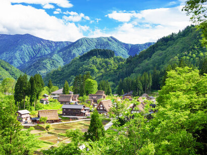 The scenic World Heritage-listed Gokayama village in Japan, known for its traditional gassho-zukuri houses
