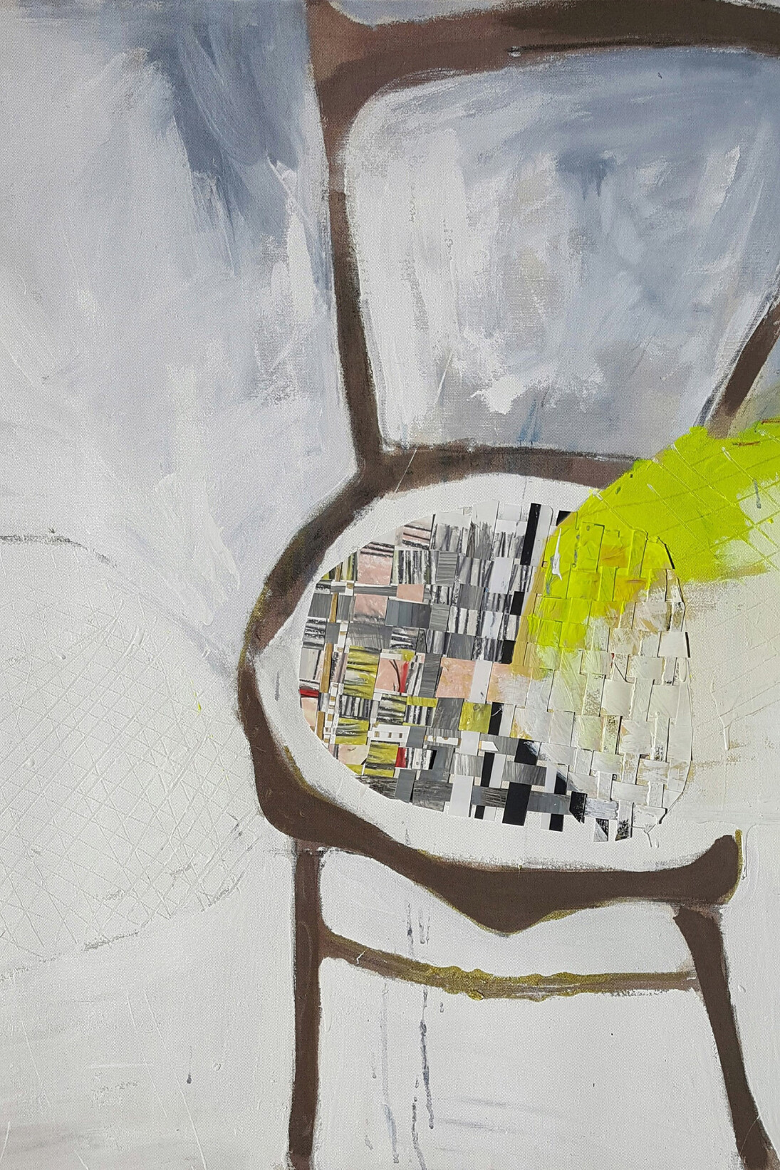 Ashley Sauder Miller. Fixer Chair, 2014. Acrylic, oil, oil pastel, woven paper and plastic on canvas. 36