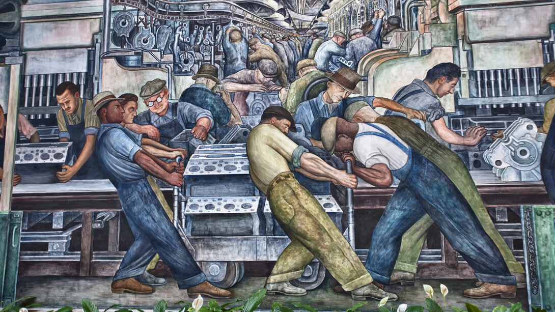 North wall (detail), Diego Rivera, Detroit Industry murals, 1932-33, twenty-seven fresco panels at the Detroit Institute of Arts, USA