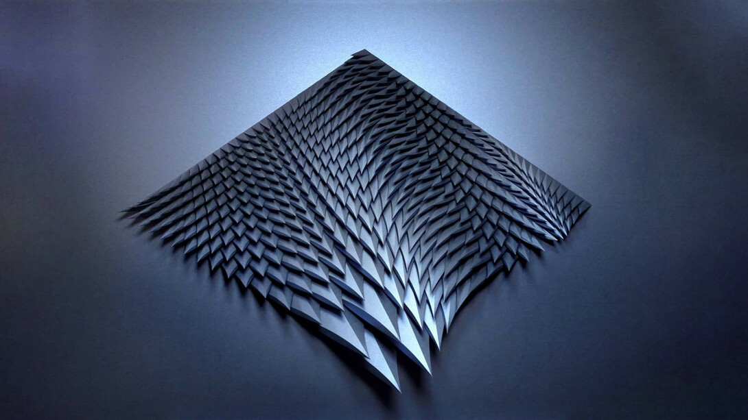 Matt Shlian, Unholy 253 now we put the river to sleep v5, 2020. Lapis iridescent paper, 28 x 37 x 4 inches. Courtesy of Heather Gaudio fine art