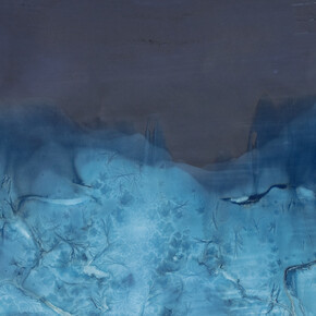 Meghann Riepenhoff, Ice #326 (27-47°F, confluence of shel chelb ephemeral stream and puget sound,
WA 02.25.22), 2022, unique dynamic cyanotype, 42x70 inches. Courtesy of the artist and Haines Gallery,
San Francisco