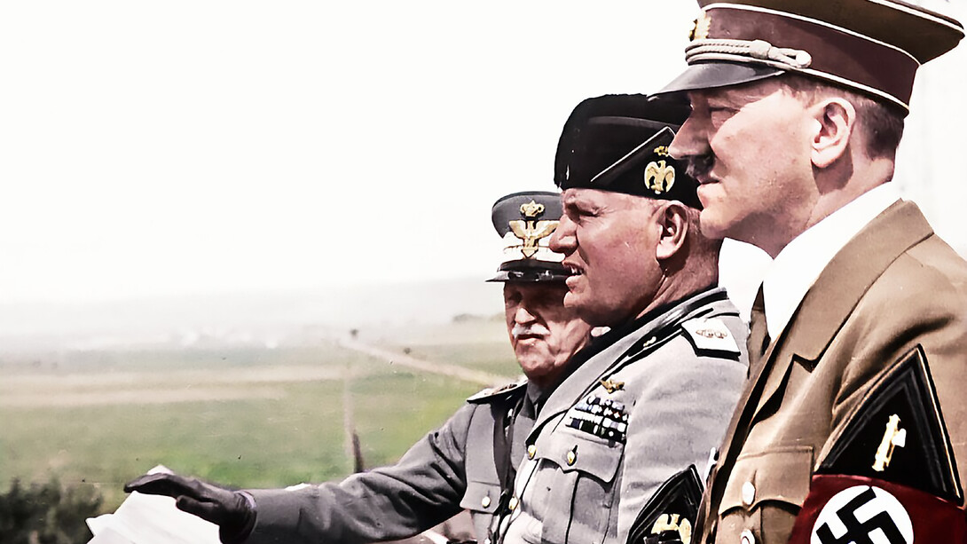 Adolf Hitler, Benito Mussolini and King Victor Emmanuel III of Italy watching military manoeuvres in 1938