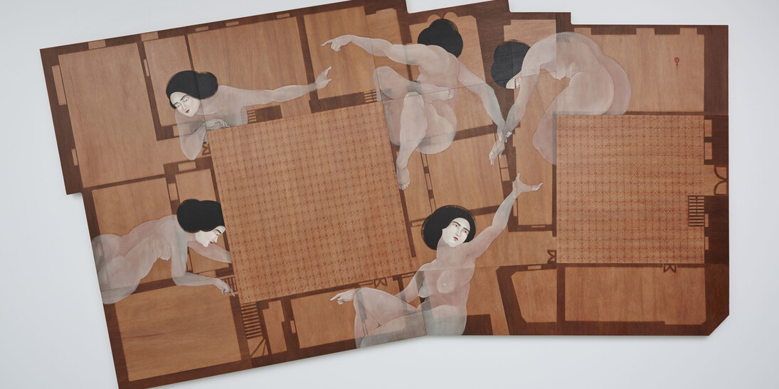 Hayv Kahraman, Bab el Sheikh, 2013. Oil on wood, 111 x 142 inches. © Hayv Kahraman.
Courtesy the artist and Jack Shainman Gallery, New York.
