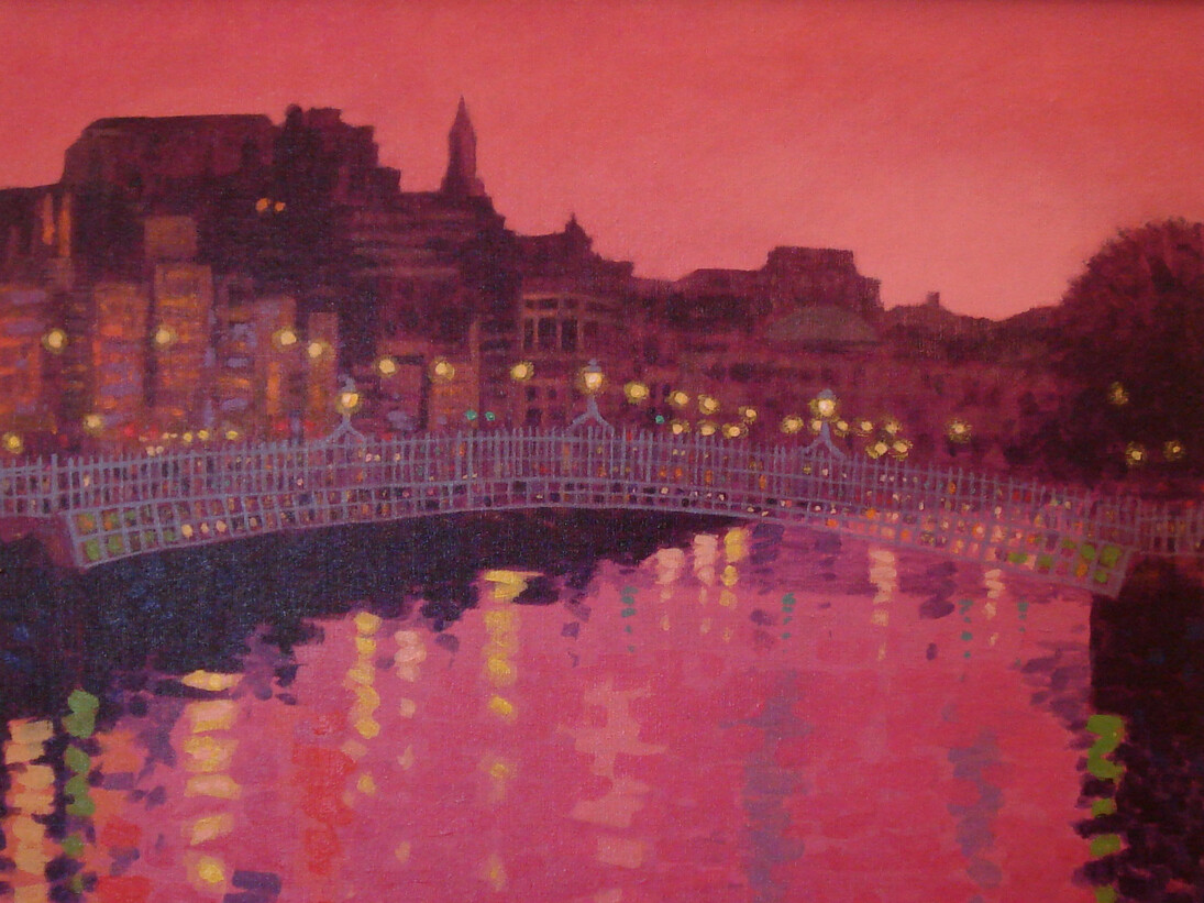 John Nolan, Twilight Ha'Pennyt Bridge, Dublin, oil on canvas