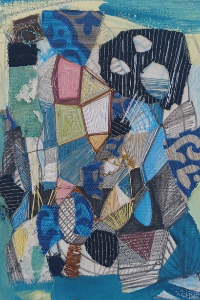 Eozen Agopian, Theseus And The Minotaur (2021) (detail), Oil, Thread, And Fabric On Canvas, 9.84 x 7.87 Inches. Courtesy of the artist and Susan Eley Fine Art