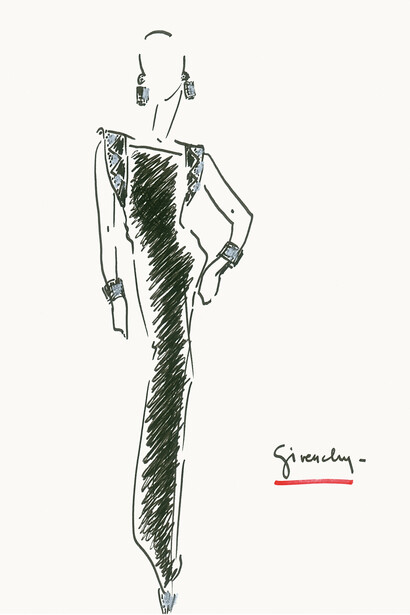 Figurín del vestido tubo de noche de satén
charmeuse negro, con bordados de pequeños diamantes y espejos sobre terciopelo negro formando amplias hombreras