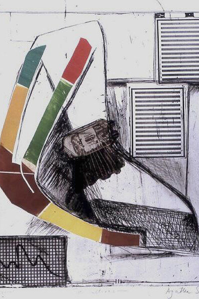 Agathe Sorel, Two Cultures, 1963. Photo gravure, dry point, engraving & brass cut out printed in black, green, yellow, brown & red vignette, 780 x 600 mm
