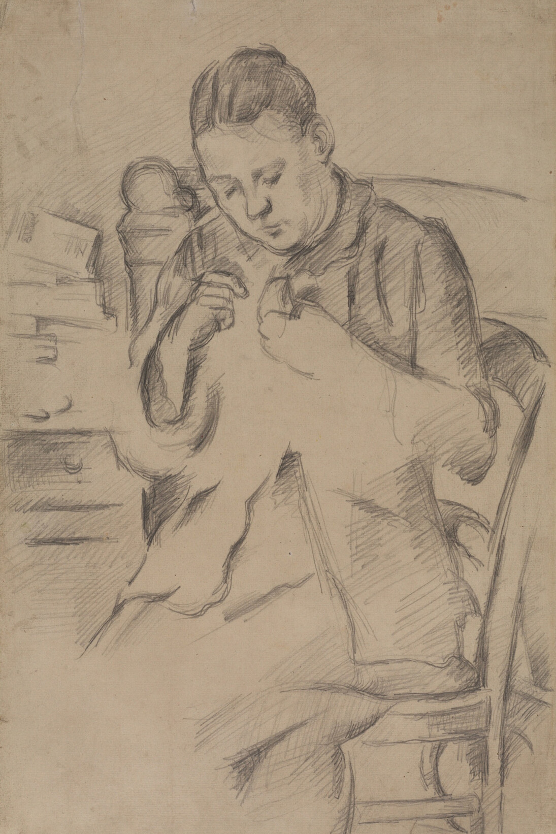 Paul Cézanne (French, Aix-en-Provence 1839–1906 Aix-en-Provence),Madame Cézanne Sewing, Ca.1880, Graphite on laid paper, 18 5/8 x 12 1/8 in. Courtauld Institute of Art, London, Bequest of Count Antoine Seilern, 1978