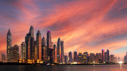 The skyline of Dubai, United Arab Emirates, the positive prospects between the UAE-Morocco partnership being represented by the beauty of the sunset, possibilities are on the horizon