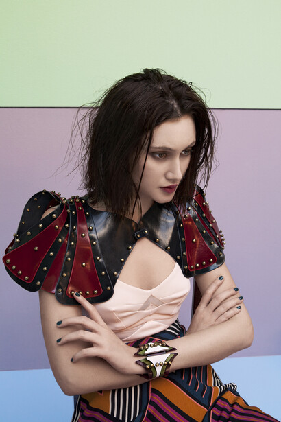 Úna Burke, Bolero Jacket, navy and red, Vegetable tanned Bovine leather with brass fittings and screws, photo credit Elena Pirogova