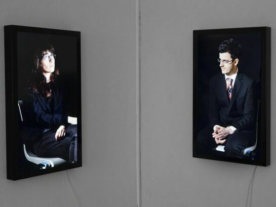 Timotheus Tomicek, Conversation, 2 piece video installation, 29.5 x 17.75 inches