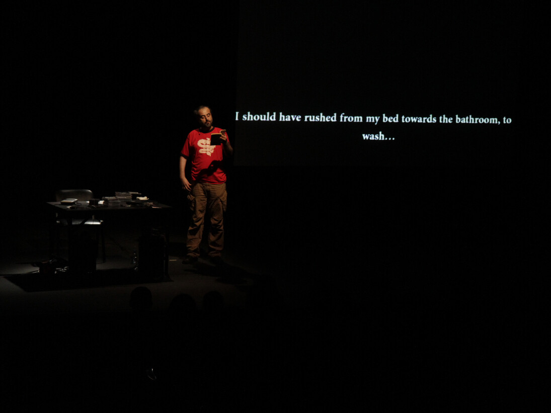 Rabih Mroué. Riding on a Cloud. Photo by Joe Namy