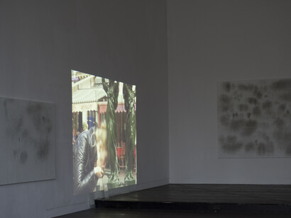 Installation shot showing Hotel du Pre, La Duree HD video projection and Talent Show. from The Duration at Beaconsfield Gallery 2019. Ph. Mark Dean, courtesy of the artist, © Mark Dean