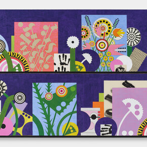 David Korty,
Transcendental Equation, 2024. 
Flashe, pencil, ink, hahnemuhle paper, and collage on cotton 
canvas 
cantera stone, ceramic, 
52 x 72 in (132.1 x 182.9 cm). Courtesy of the artist and Night Gallery  