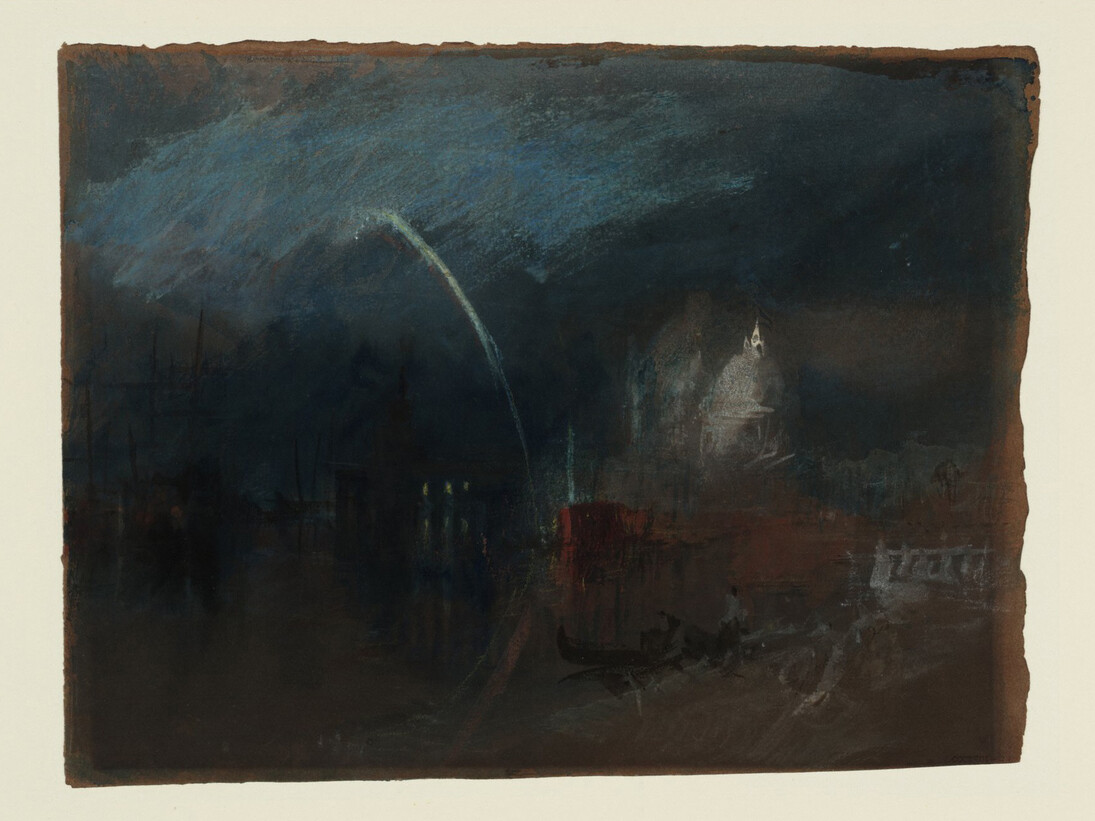 Joseph Mallord William Turner (British, 1775 - 1851)
Title/Date: Venice: Santa Maria della Salute, Night Scene with Rockets, about 1840. Culture: British. Medium: Watercolor and bodycolor on paper. Dimensions: Unframed: 24 x 31.5 cm (9 7/16 x 12 3/8 in.). Framed: 44.7 x 59.8 x 2.5 cm (17 5/8 x 23 9/16 x 1 in.). Accession No. EX.2015.3.2. Object Credit: Tate: Accepted by the nation as part of the Turner Bequest 1856. Repro Credit: Photo © Tate, London 2014