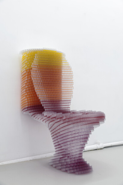 Matthew Darbyshire, CAPTCHA n°2 - Toilet, 2014, Digital media hand drawn and cut in polycarbonate sheet, 125 x 55 x 90 cm, Courtesy: the artist, Galerie Jousse Entreprise, Paris & Herald Street, London