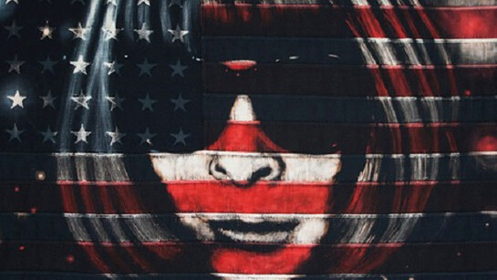 Pam Glew, Anna, bleaching technique and dye on vintage American flag, framed, original artwork, 54 x 32 inches