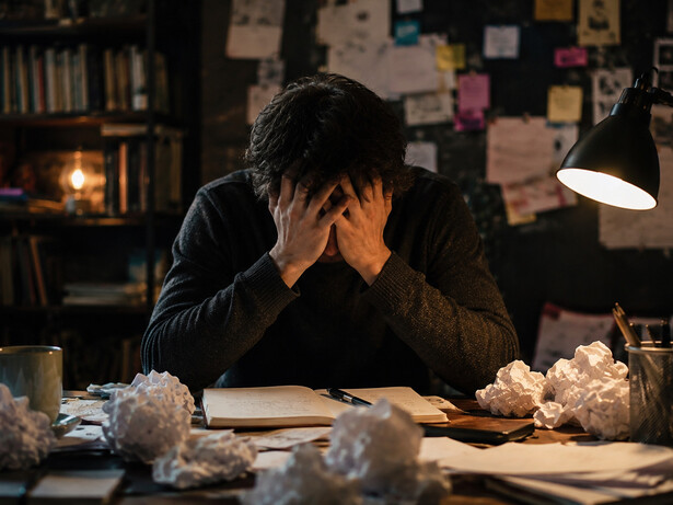 A writer consumed by pressure and self-doubt, highlighting the emotional strain of creating in a noisy world