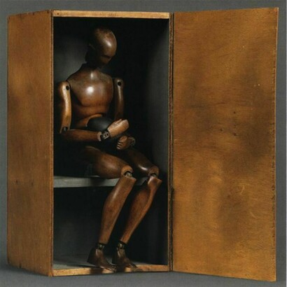 Man Ray, L'homme Nouveau, 1964, 41,9 x 21,3 x 20,7 cm, wood mannequin, wooden egg, painted wood box with a lid, Private Collection