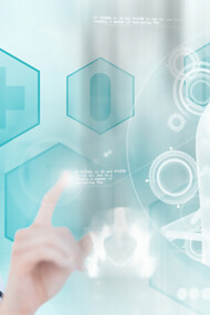 A focused doctor analyzes genetic testing data on a virtual screen, specializing in DNA analysis for personalized nutrition and nutritional science