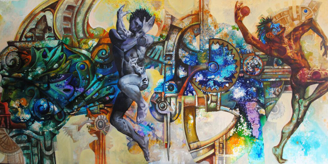 Rigo Peralta, Transcultural (detail, one of three panels), 2015, acrylic on linen. Allentown Art Museum