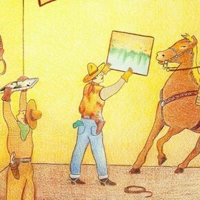 Glen Baxter, There remained a cynical minority who believed our contest was rigged, 2010, Ink and crayon on paper, 31 x 23 inches, © Glen Baxter, courtesy of Flowers Gallery