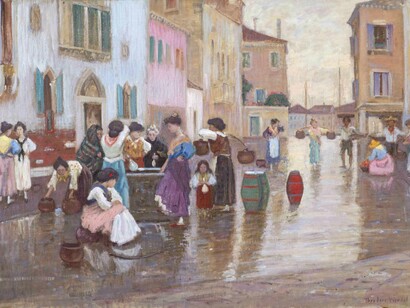 Theodore Wendel, Women gathered around fountain (detail), Venice. Courtesy of Vose Galleries