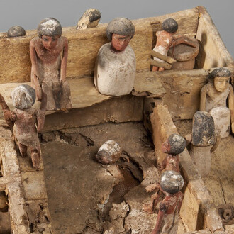 Egyptian (found in Mastaba B, South Pyramid, Al Lisht)
Model of Estate Workshops: Granary, Bakery, and Weaver's Shop
Middle Kingdom, 12th Dynasty, 1991–1782 BC
Wood, paint
L. 19.5 in. (49.5 cm), W. 19 1/16 in. (48.5 cm), H. of walls, 3 ½–4 3/8 in. (9–11 cm)
Sidney and Lois Eskenazi Museum of Art, William Lowe Bryan Memorial