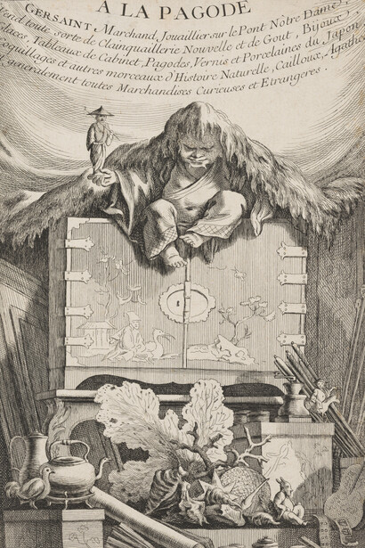 Anne Claude Philippe de Tubières, comte de Caylus, after François Boucher, A la pagode (at the pagode), trade card of Edme Gersaint, 1740. Courtesy of the Metropolitan Museum of Art 