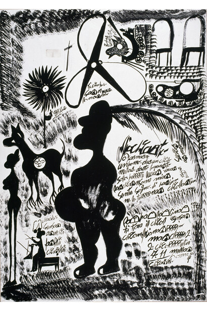 Carlo Zinelli, Campanile, birds and rifles / Black bird in nest, houses and figures, February 20th, 1969, Recto, gouache and coloured pencil on paper, Donated by L’Aracine in 1999, Villeneuve d’Ascq, LaM, Lille Métropole musée d’art moderne d’art contemporain et d’art brut, © Philip Bernard