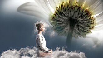 A woman floats in the clouds of imagination during her zen meditation time