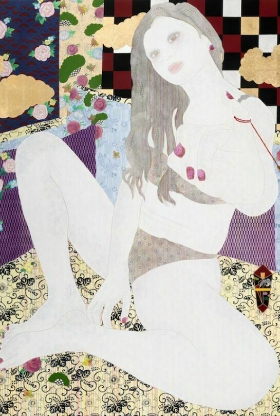 Kaoruko, Red String, 2013, Acrylic, gold leaf, embroidery thread on canvas, 100 x 74 inches (254 x 188 cm)