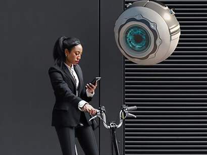 A figure is depicted outdoors, surrounded by abstract eyes, highlighting the complex relationship between AI and surveillance, ethical data privacy, and Crime Prevention Through Environmental Design strategies