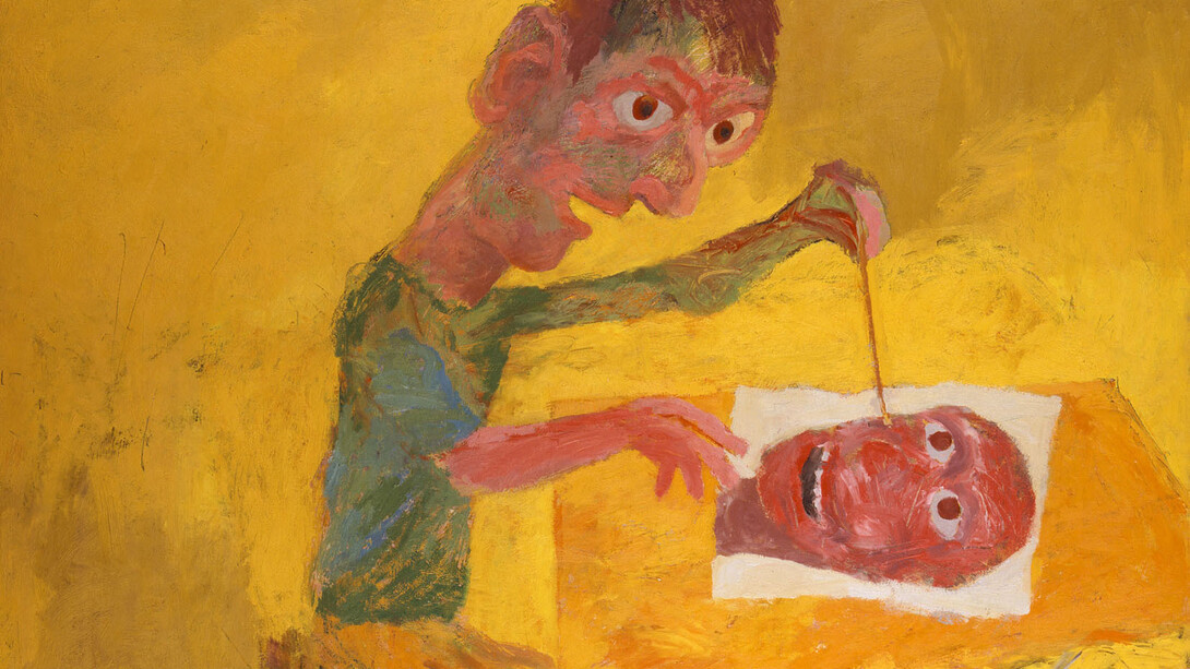 Ken Kiff, Man Painting, on Yellow, 1965, Oil on board, 91.5 x 112 cm. / 36 x 441/8 in.