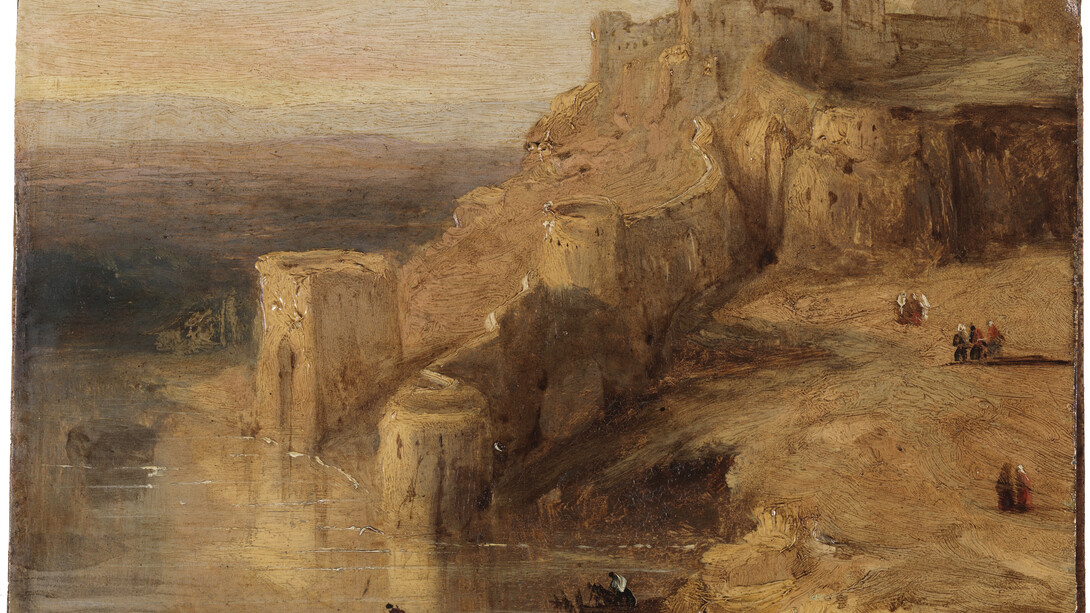El Baño de la Cava, Toledo, Díptico con 42 Vistas Monumentales de Ciudades Españolas, Peréz Villaamil, Óleo sobre hojalata y marco neo gótico, 17,8 x 12,5 cm, Madrid, Museo Nacional del Prado