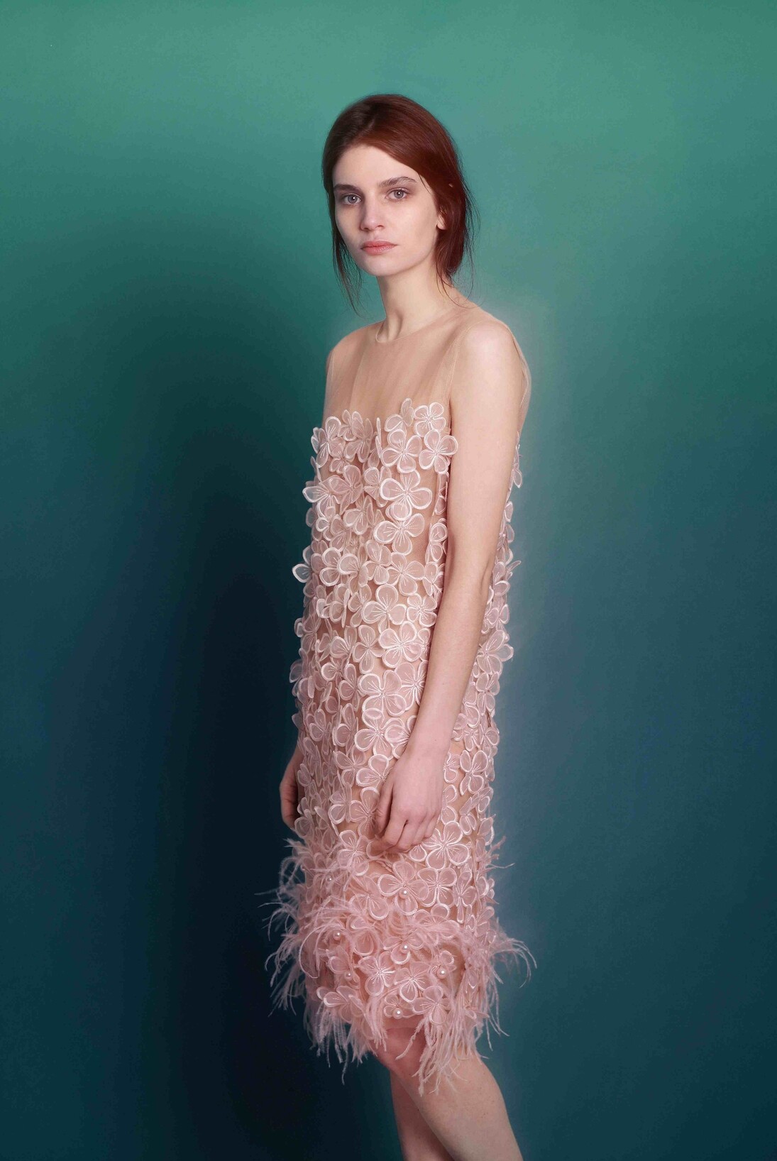 Helen Cody, 1, bespoke, couture Short Blush Blossom Dresss, embroidered tulle and blossom applications wiht hand dyed ostrich feathers and swarovski pearl beading
