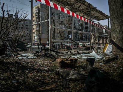 A destroyed bus stop following a bombing Kiev, Ukraine