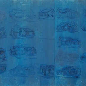 Michael Raedecker, place, 2013, acrylic and thread on canvas, 69 x 102 3/8 inches (175.3 x 260 cm) © Michael Raedecker, courtesy of the artist and Andrea Rosen Gallery, New York.