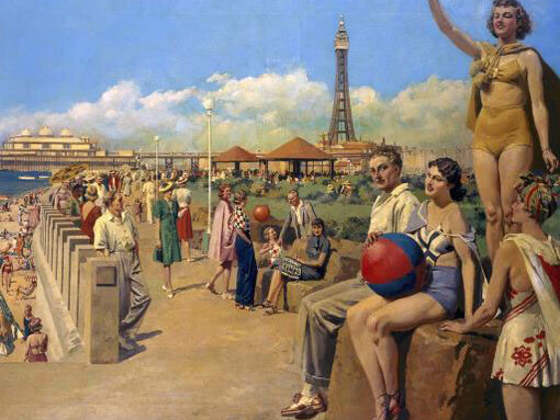 Blackpool c.1937, (London, Midland and Scottish Railway poster artwork), by Fortunino Matania. Fortunino Matania, Blackpool c.1937, (London, Midland and Scottish Railway poster artwork), National Railway Museum York © The copyright holder. 