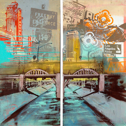 Restitution Press, LA River, Mixed Media on Wood Panels, 48″ x 48″ (diptych)