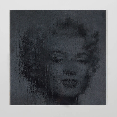 Gregor Hildebrandt, "Marilyn in Mirror (after A.W.)", 2014, Laser engraving on granite, 36 1/8 x 36 1/8 inches / 91,8 x 91,8 cm, Courtesy Galerie Perrotin