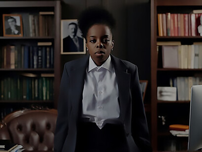 An accomplished African American businesswoman, standing at the pinnacle of her career, demonstrates resilience, leadership, and excellence in the corporate world