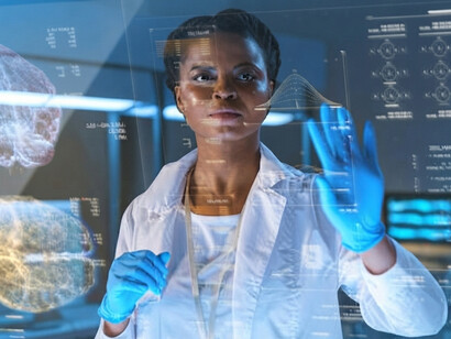A doctor uses an AI-powered interface to examine a digital brain model in a dark laboratory